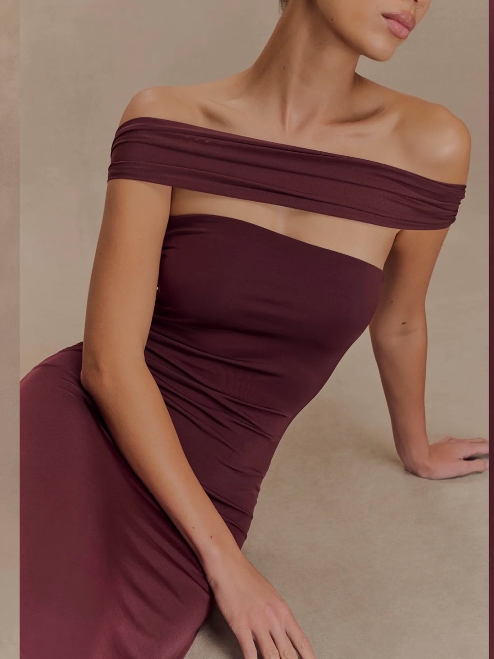 Meshki  Burgundy Evening Gown with Side Slit - Picture 6 of 7